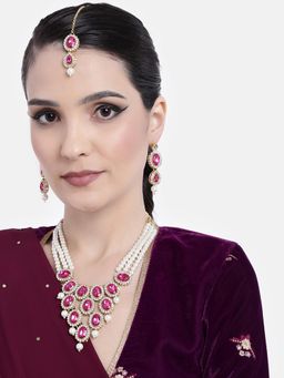 Peora - Pearl and Stone Studded Necklace and Drop Earrings with Maang Tikka