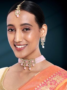 Peora - Kundan and Beads Studded Choker Necklace and Earrings with Maang Tikka