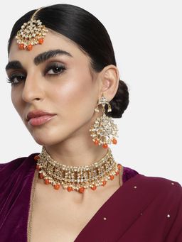 Peora - Ethnic Orange Kundan Choker Necklace and Earrings with Maang Tikka for Women