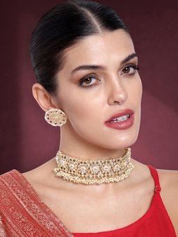 Peora - Kundan Pearl Studded Choker Necklace with Earrings