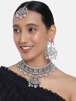 Peora - Silver Plated Traditional Kundan Studded Necklace and Earrings with Maang Tikka
