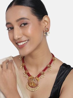 Peora - Gold Plated Kundan Beads Necklace with Earrings for Women