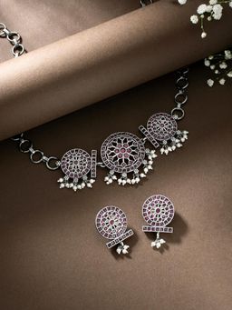 Peora - Indian Antique Silver Oxidised Necklace with Earrings for Women