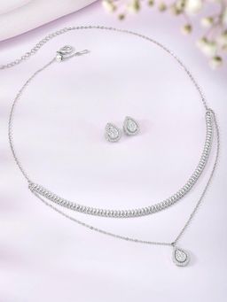 Peora - Silver Plated Cz Studded Two Layer Pendant Style Necklace and Stud Earrings