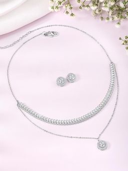 Peora - Silver Plated Cz Studded Two Layer Pendant Style Necklace and Earrings