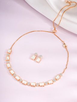 Peora - Rose Gold Plated Cz and Mother Of Pearl Studded Necklace and Drop Earrings