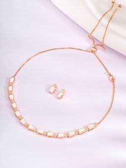 Peora - Rose Gold Plated Cz and Mother Of Pearl Studded Necklace and Earrings