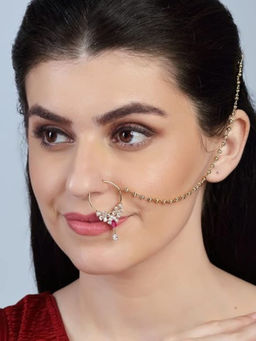 Accessher - Gold Plated Delicate Ad Studded Embellished Nose Ring with Chain for Women