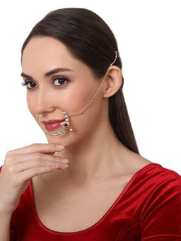 Accessher - Gold Plated Handcrafted Kundan Nose Ring with Chain for Women and Girls