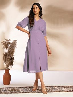 Janasya - Women's Lavender Dobby Chiffon Self Design A-Line Midi Dress