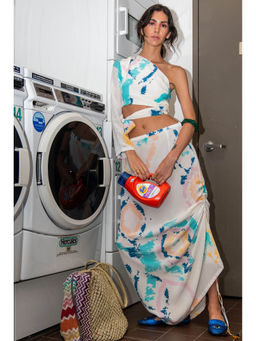 PS Pret by Payal Singhal - Sofia Off White Ikat Print Crepe Side Tie Up With Skirt (Set of 2)