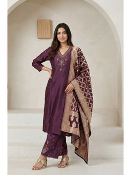 Folksong - Women's Purple Zari Work Silk Blend Straight Kurta with Parallel Pant and Dupatta Set