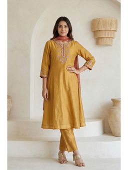 Folksong - Women's Mustard Silk Blend A-line Kurta with Straight Pants & Dupatta Set