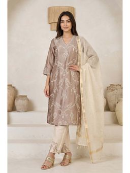 Folksong - Women's Brown Embroidered Cotton Blend Straight Kurta with Pants and Dupatta Set