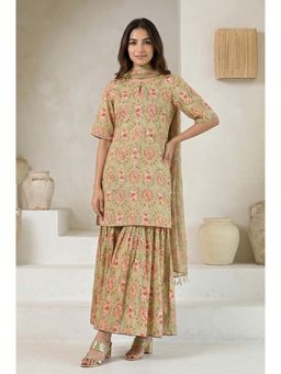 Folksong - Green Floral Pure Cotton A-line Kurta with Sharara & Dupatta