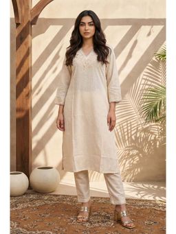 W - Beige Embroidered Rayon Straight Kurta with Pants Set