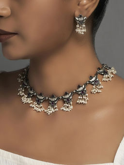 Divas Mantra - 92.5 Silver Oxidised Jhumur Tribal Dance Necklace with Red Spinel Stones and Pearls