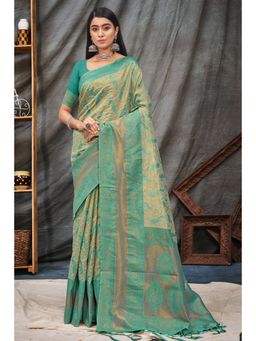 Sangam Prints - Beige Organza Woven Zari Work Traditional Tassel Saree with Unstitched Blouse
