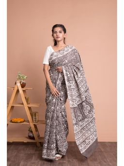 KISHORI - Women Dabu Print Cotton Mulmul Saree with Unstitched Blouse - Brown