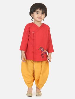 BownBee - Horse Embroidery Front Open Dhoti Kurta- Red (Set of 2)