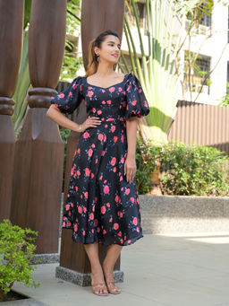Vinya - Black Floral Digital Printed Floral Fit & Flare Midi Dress