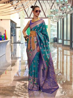 Odette - Green Silk Blend Woven Saree with Unstitched Blouse