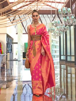 Odette - Pink Silk Blend Woven Saree with Unstitched Blouse