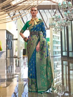 Odette - Blue Silk Blend Woven Saree with Unstitched Blouse