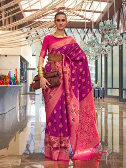 Odette - Pink Silk Blend Woven Saree with Unstitched Blouse
