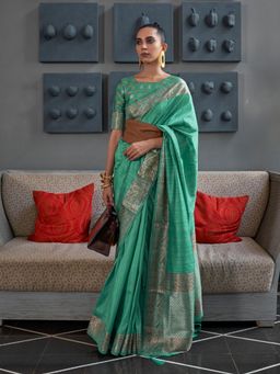Odette - Teal Silk Blend Woven Saree with Unstitched Blouse