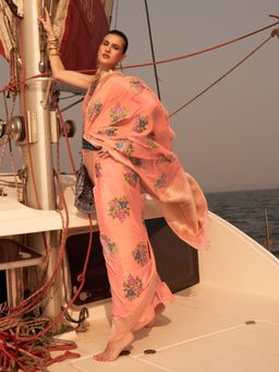 Odette - Peach Chinon Woven Saree with Unstitched Blouse