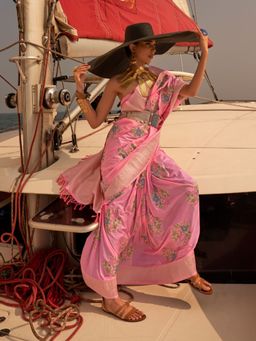 Odette - Pink Chinon Woven Saree with Unstitched Blouse