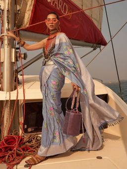 Odette - Grey Chinon Woven Saree with Unstitched Blouse