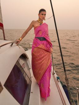 Odette - Pink Satin Woven Saree with Unstitched Blouse