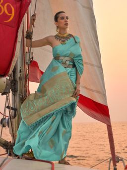 Odette - Blue Satin Woven Saree with Unstitched Blouse