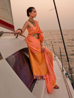 Odette - Peach Satin Woven Saree with Unstitched Blouse