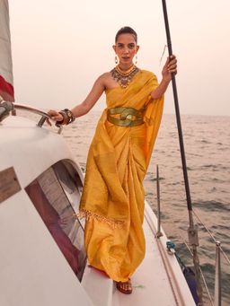 Odette - Gold Satin Woven Saree with Unstitched Blouse