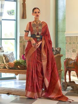 Odette - Red Organza Woven Saree with Unstitched Blouse