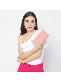 KLEIO - Quilted PU Leather BI Fold Zip Closure Multi Pockets and Slots Clutch Wallet-Peach