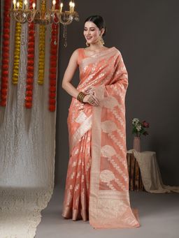 Akhilam - Womens Organza Peach Woven Design Designer Saree with Unstitched Blouse