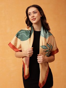 Silk Land - Digital Printed Silk Scarf with Zari Border Beige