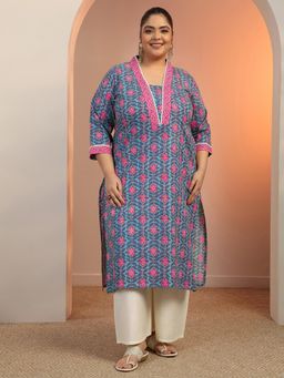 Extra love by Libas - Plus Size Blue Floral Printed Straight Kurta With Pocket