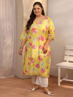 Extra love by Libas - Yellow Floral Printed Straight Kurta With Pocket