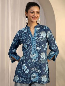 Libas - Blue Floral Printed Straight Short Kurti
