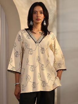 Libas - Off White Self Design Printed Short Kurti