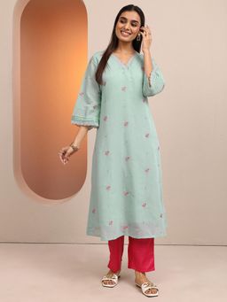 Libas - Blue Floral Embroidered A-Line Kurta With Pocket And Lining
