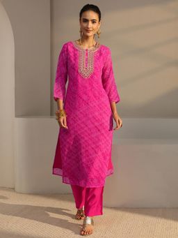 Libas - Pink Bandhani Printed Straight Kurta With Lining
