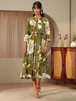 Libas - Green Floral Printed Panelled A-Line Dress With Pocket And Waistbelt