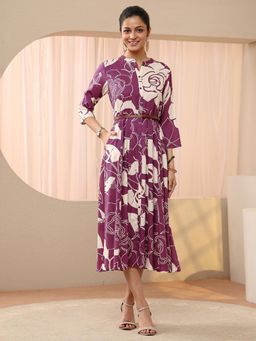 Libas - Purple Floral Printed Panelled A-Line Dress With Pocket And Waistbelt