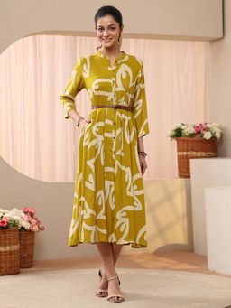 Libas - Green Floral Printed Panelled A-Line Dress With Pocket And Waistbelt